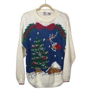 Vintage L Nutcracker Ugly Christmas Sweater Ivory Knit Holiday Scene Tree Santa